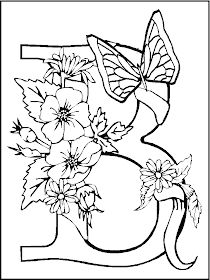 the letter e with flowers and butterflies on it is outlined in black and white ink