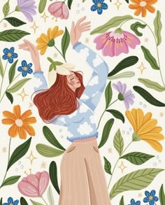 a painting of a woman with her arms up in the air surrounded by flowers and leaves