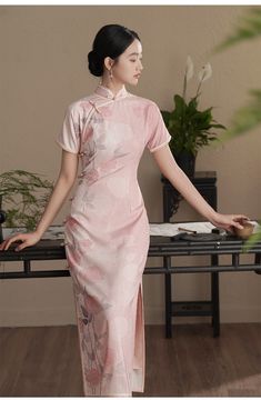 Pink Short Sleeves Roses Printed Qipao Cheongsam Dress – Oriental Me Elegant Floral Print Cheongsam With Stand Collar, Elegant Pink Ao Dai With Floral Embroidery, Elegant Summer Dress For Tea Ceremony, Spring Ceremony Fitted Cheongsam, Elegant Fitted Cheongsam With Floral Print, Floral Print Fitted Cheongsam For Wedding, Floral Fitted Cheongsam For Wedding, Fitted Floral Cheongsam For Wedding, Elegant Fitted Cheongsam With Floral Embroidery