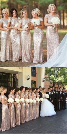 the bride and groom are posing for pictures with their bridal party in gold dresses