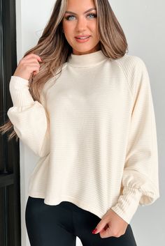 End Of History Mock Neck Long Sleeve Top (Cream) - NanaMacs Stretch Off White Top For Fall, Stretchy Off-white Top For Fall, Off White Tops For Fall Layering, Off White Stretch Top For Fall, Off White Tops For Layering In Fall, Cream Stretch Tops For Loungewear, Beige Relaxed Fit Top For Brunch, Off White Long Sleeve Tops For Loungewear, Cozy Neutral Tops For Spring