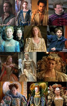 many different pictures of people dressed in medieval costumes and tiaras, with the same woman's headdress