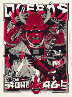 the poster for queens of the stone age, featuring an image of a man with horns and