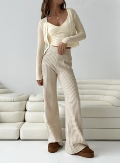 Montana Knit Pants Cream Period Outfit Comfy Fall, Relaxed Polished Outfits, Cream Ribbed Pants Outfit, Long Sleeve Loungewear, Wide Leg Sweater Pants Outfit, Pants For College, Elegant Home Wear, Ribbed Lounge Pants, Cute Lounge Pants