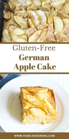 gluten - free german apple cake on a white plate with text overlay