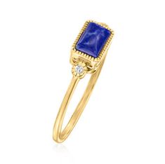 Ross-Simons - Lapis and Diamond-Accented Ring in 14kt Yellow Gold. Size 6. RS Pure. Create the perfect stackable look with simple, modern jewelry. Add a hint of color to your outfit with our delicate ring! Here, a 4x6mm rectangular lapis cabochon and diamond accents shine within milgrain frames. You'll wear this dainty 14kt yellow gold ring all day, every day. 3/16" wide. Natural pyrite flecks will vary. Lapis ring. Diamond Accent Ring, Lapis Ring, Blue Topaz Pendant, Natural Gold, Beaded Drop Earrings, Station Necklace, Gold Price, Delicate Rings, Yellow Gold Ring