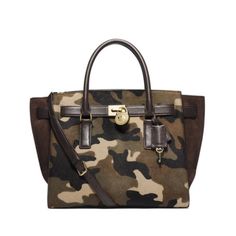 Michael Kors Large Camo Hamilton Traveler: Brown/Tan/Black Camo, Soft Brown Vitelli Leather, Real Dyed Calf Hair (Bos Taurus; New Zealand) And Suede, 3 Slip Pockets, And Key Fob Inside Mk Lock Detail On Front Handles. This Bag Includes Removable Shoulder Strap, Gold Hardware Measurements Included In Photos. Bought Brand New With Tags. I Have Never Had The Chance To Use This As I Have Too Many Bags. This Gorgeous Bag Still Has The Original Tags On It And Is In Brand New Condition. Questions? Leav Camo Bags, Military Inspired Fashion, Outlet Michael Kors, Camo Bag, Camo Purse, African Accessories, Mk Bags, Travel Tote Bag, Gorgeous Bags