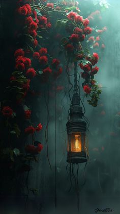 a lantern is lit in the middle of a garden with red flowers growing on it