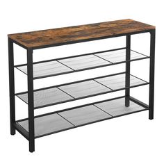 a wooden and metal shelf with three shelves