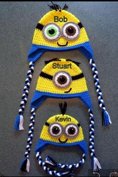 three crocheted hats with eyes on them