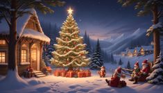 a christmas scene with santa claus and other people around a lit up tree in the snow