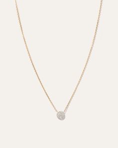 Add a little sparkle to your jewelry collection with this dainty 14K Gold Pave Diamond Disc Necklace. Great for stacking or wearing alone, it's a fabulous addition to any jewelry collection. Dainty Diamond Jewelry With Pave Setting, Dainty Round Jewelry With Pave Setting, Dainty Jewelry With Pave Setting, Dainty Yellow Gold Jewelry With Pave Setting, Dazzling 14k Gold Pave Setting Necklaces, Diamond Jewelry With Pave Setting In Round Pendant Shape, 14k Gold Diamond Necklace With Diamond Accents, 14k Gold Round Diamond Necklace With Accents, Dazzling 14k Gold Diamond Necklace With Pavé Setting