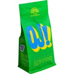 a green bag with the word oj on it's front and back side