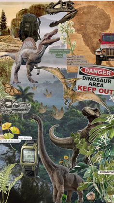 a collage of dinosaurs and other things in the wild, including a car with a backpack on it