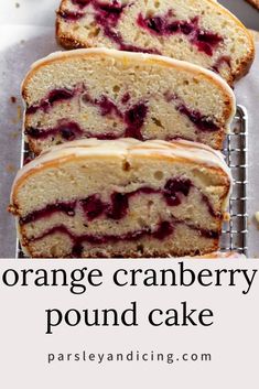 orange cranberry pound cake on a cooling rack with text overlay that reads, orange cranberry pound cake