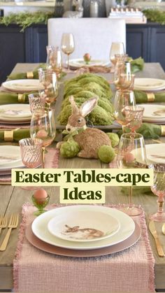 the table is set with plates, silverware and pink napkins for an easter bunny themed dinner