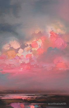 an abstract painting of pink and purple clouds