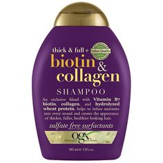 Plump up the volume in thin hair with the OGX Thick & Full + Biotin & Collagen Hair Volumizing Shampoo. Ideal for flat to medium volume hair, this thickening shampoo leaves hair feeling fuller and helps create more abundant-looking locks. The nutrient-rich, plump-it-up formula, is infused with vitamin B7, biotin, collagen, and wheat protein, and helps maintain growth for hair that's healthy-looking and feels thicker. The luscious blend in this thickening shampoo also contains hydrolyzed wheat Volume Hair Shampoo, Ogx Shampoo, Biotin And Collagen Shampoo, Overprocessed Hair, Thick Moisturizer, Restore Damaged Hair, Vitamin B7, Biotin Shampoo, Shampoo For Thinning Hair