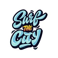 surf the city lettering in blue and white