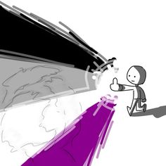 a drawing of a person kneeling down next to a purple and black object on a white background