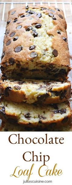 chocolate chip loaf cake is stacked on top of each other with the words, chocolate chip loaf cake