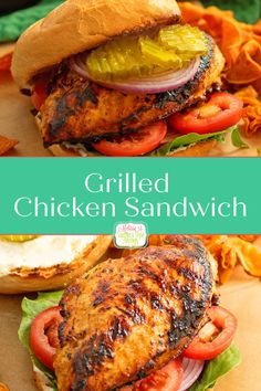 grilled chicken sandwich with tomatoes, lettuce and onions