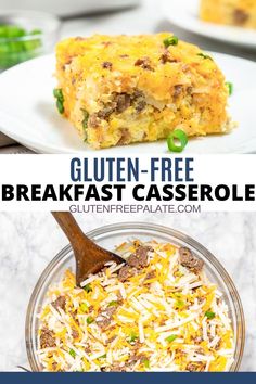 two pictures with the words gluten - free breakfast casserole on them