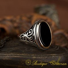 Black Stone Ring, Signet Rings, Men's Jewelry Rings, Black Jewelry, Silver Jewelry Handmade, Sea Glass Jewelry, Color Ring, Classic Ring