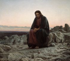 a painting of jesus sitting on rocks with his hands clasped to his knees and looking down at the ground