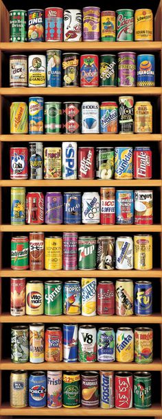 a wooden shelf filled with lots of cans