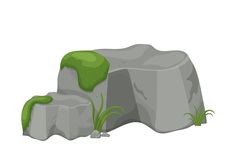 a rock with grass growing out of it and some rocks on the ground next to it