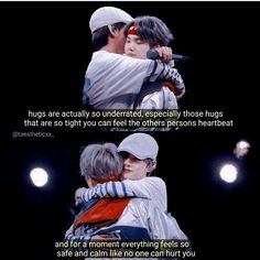 two people hugging each other with the caption saying hugs are actually underated, especially those hugs that are so tight you can feel the others's heart beat