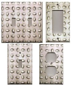 four metal switch plates with decorative designs on the front and back covers, all in different sizes