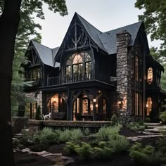 this is an artist's rendering of a gothic - style house in the woods