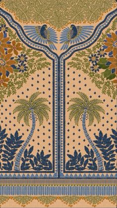 an intricately designed wallpaper with blue and yellow flowers, palm trees and birds