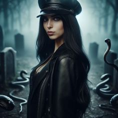 a woman wearing a black hat and leather jacket with snakes on the ground in front of her