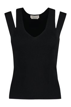 1000 ALEXANDER MCQUEEN RIBBED KNIT TOP Black Sleeveless Top, Ribbed Knit Top, Shoulder Design, Emilio Pucci, Sweaters Knitwear, Black Rib, Casual Elegance, Knitwear Women, Womens Fall