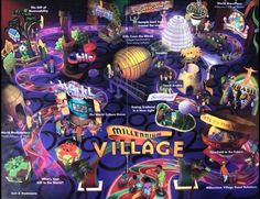 an advertisement for the millville village amusement park, with many rides and games on display