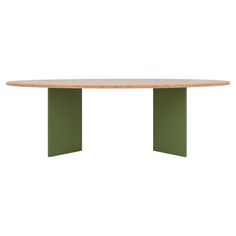 an oval table with two green legs and a wooden top, against a white background