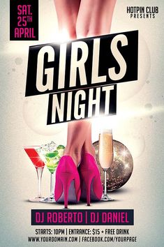 a poster for girls night with high heeled shoes and cocktails