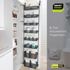 a white bathroom with black shelves filled with toiletries