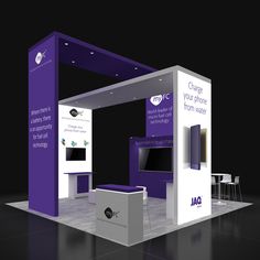 a purple and white trade show booth