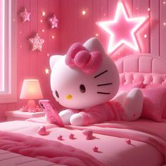 a hello kitty doll laying on top of a bed next to a pink star wall