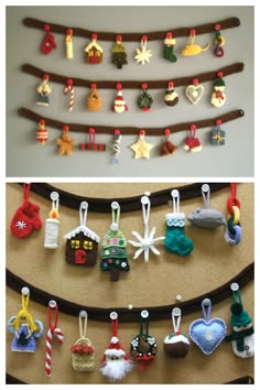 christmas ornaments are hanging on the wall next to a string with clothes pins and magnets