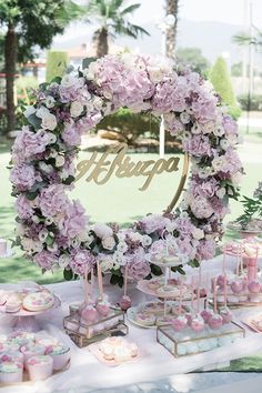 a table topped with lots of cakes and cupcakes