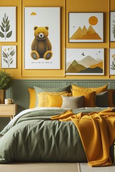 a bedroom with yellow walls and pictures on the wall above the bed in front of it