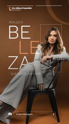 a woman sitting on top of a black chair in front of a brown background with the words be lee za