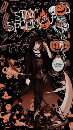 an anime character is standing in front of a black background with pumpkins and skulls