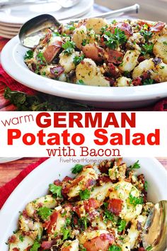 two white plates filled with potato salad on top of a red table cloth and silverware