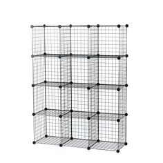 the wire shelving unit has four shelves with wheels on each side and five sections for storage